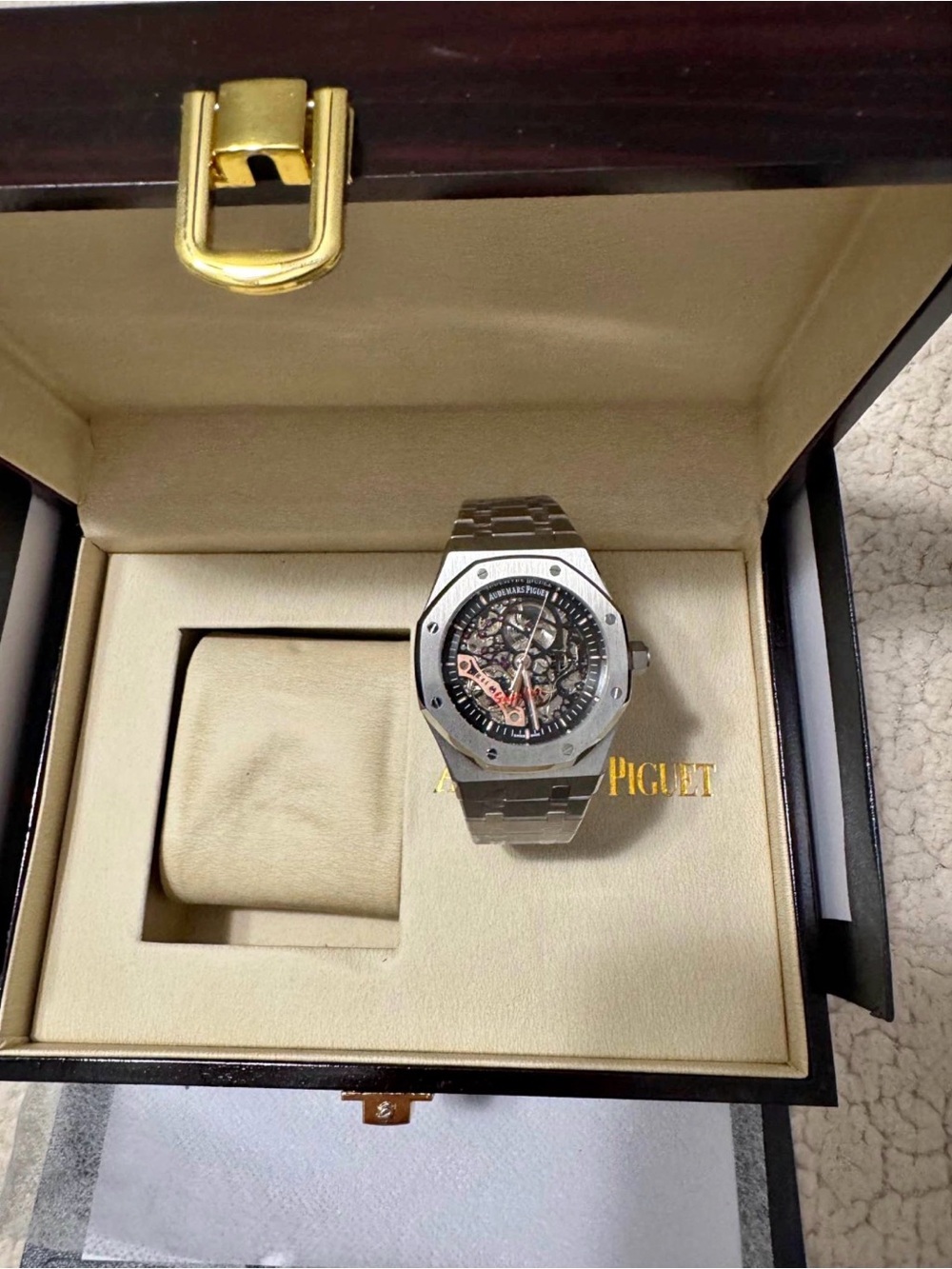Audemars Piguet Silver Skeleton Dial Watch with Black Accents "No box"